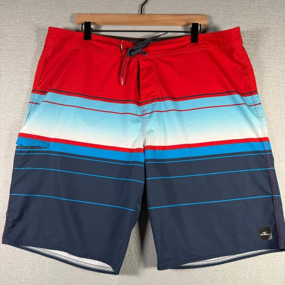 ONeill Hyperfreak Mens Red Blue Striped Board Shorts‎ Size 40 SP3106009